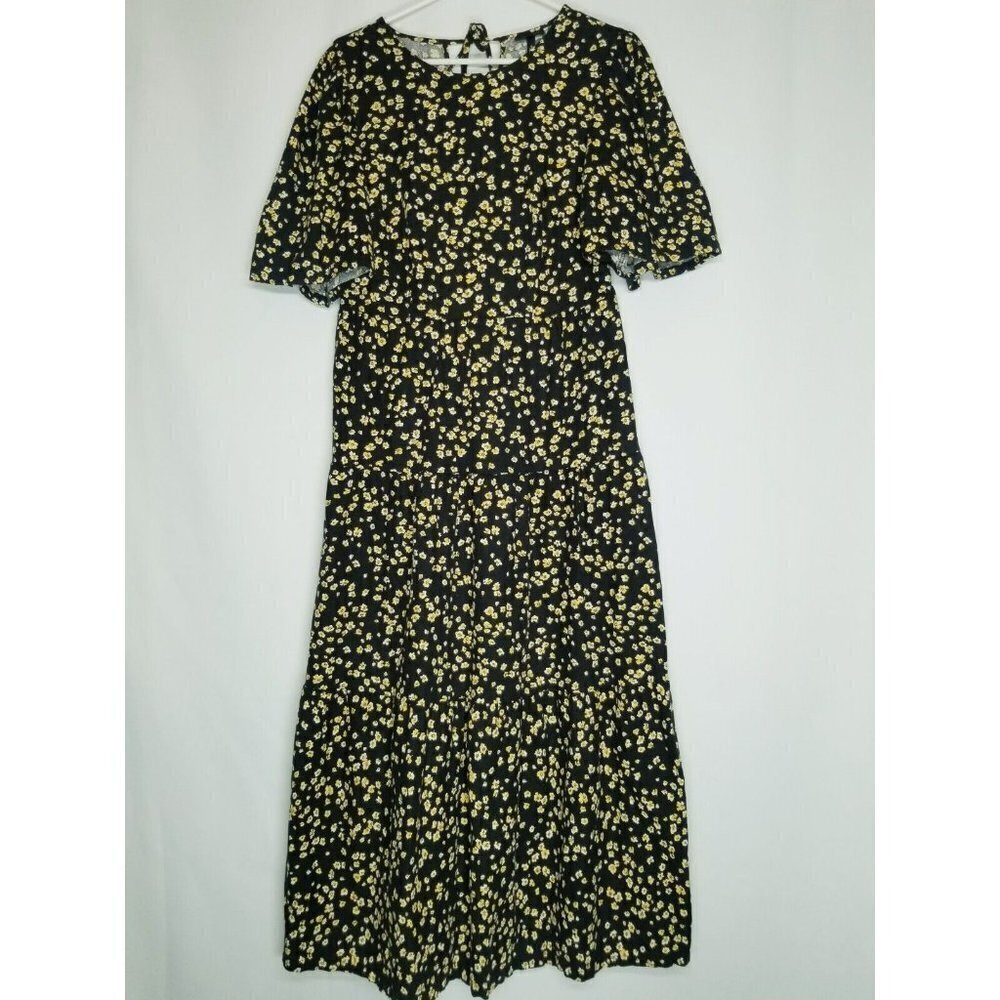 Who What Wear Dress puff short sleeve yellow flowers tiered size small maxi